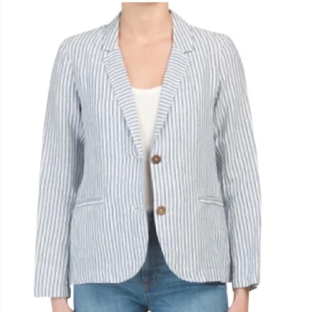 Tahari 100% Linen Blue & White Striped Blazer